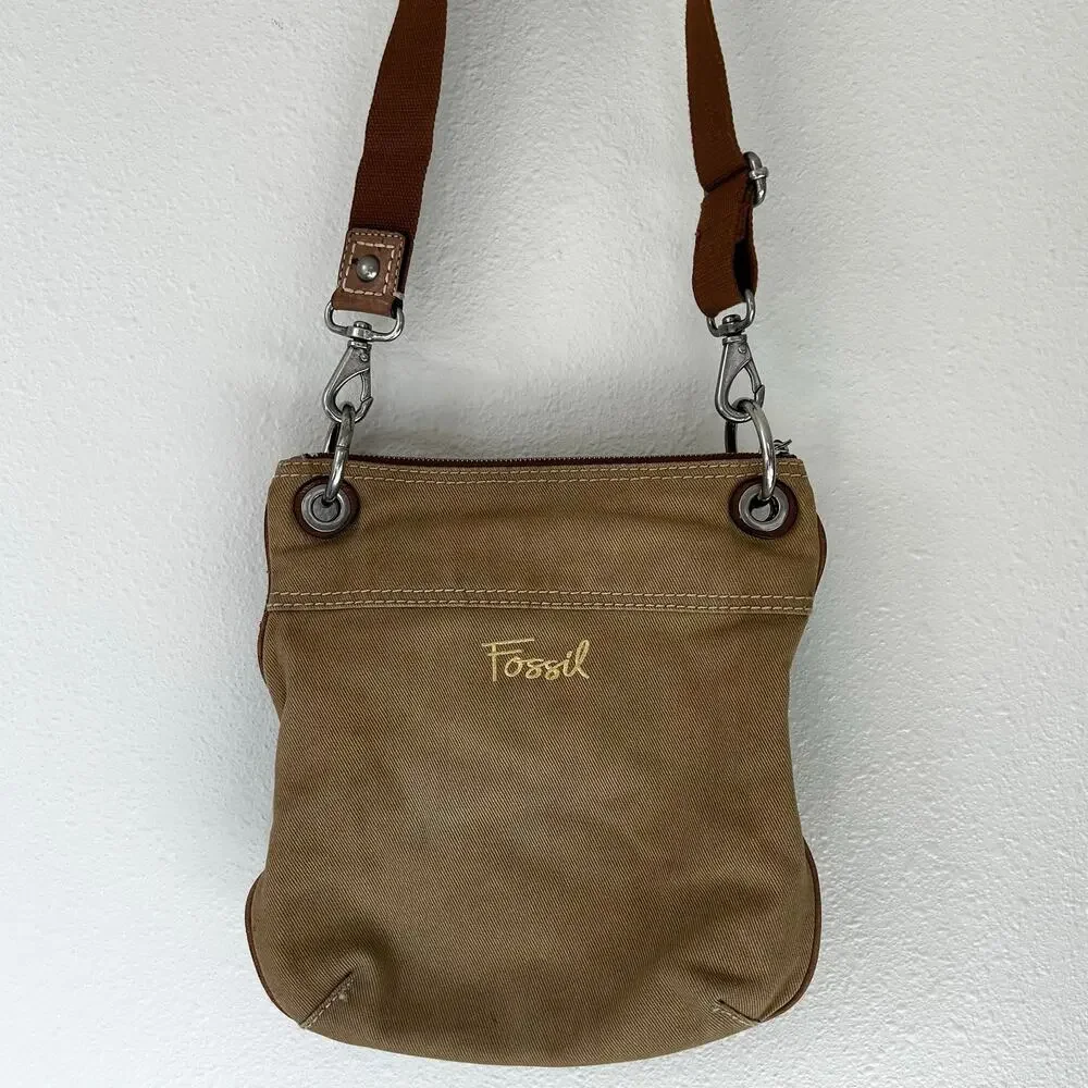 Vintage Fossil Canvas Leather Crossbody Bag Tan Utility Y2K Boho Messenger Purse